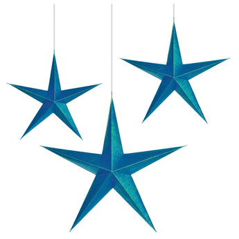 Décorations Suspendues (3) - Étoiles Bleues Métalliques - Party Shop