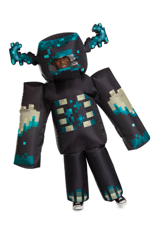 Minecraft Warden inflatable kids costume with battery-powered fan – perfect for Halloween or Minecraft-themed parties (batteries not included).