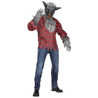 Adult werewolf costume assortment in brown or silver, includes torn shirt, scary mask, and clawed gloves – ideal for Halloween or horror cosplay - FunWorld - Party Shop