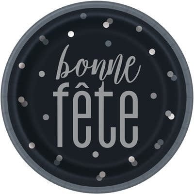 Assiettes Rondes 9Po (8) - "Bonne Fête" Noir Et Argent - Party Shop
