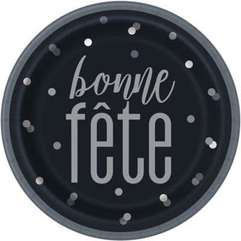 Assiettes Rondes 9Po (8) - "Bonne Fête" Noir et Argent - Party Shop