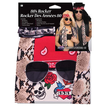 80s rocker costume accessory kit – includes bandana headband, fun specs, choker with scarf, and temporary tattoos – perfect for Halloween or themed parties