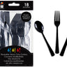 Link Product - Ustensiles en plastique Noir réutilisables – ensemble de 18 pièces (6 fourchettes, 6 couteaux, 6 cuillères) - Party Shop