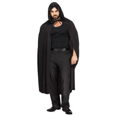 Adult wearing 68 inch hooded cape for Halloween costume