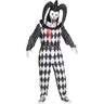 Scary adult jester costume with creepy mask, ruffle collar, and attached hat – perfect for Halloween or haunted circus theme - FunWorld - Party Shop
