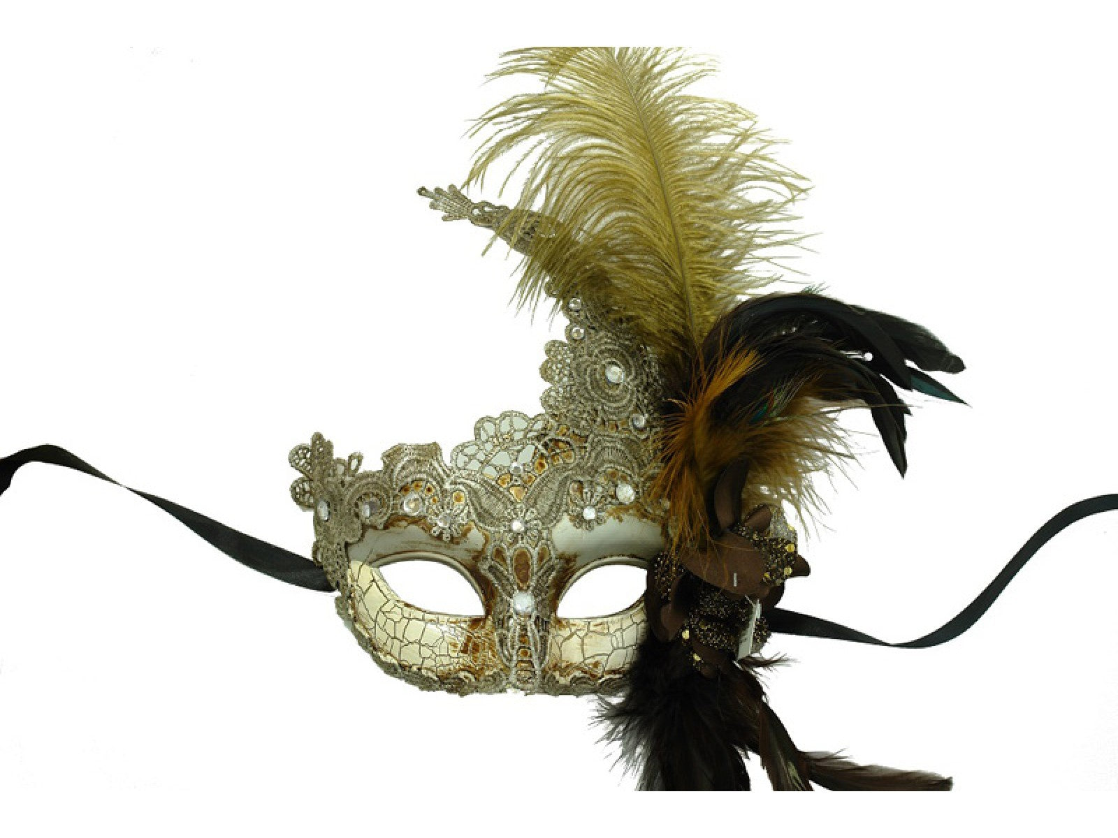 Masque Vénitien Antique Avec Plumes Assorties - Party Shop