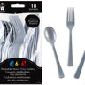 Link Product - Ustensiles en plastique Argent réutilisables – ensemble de 18 pièces (6 fourchettes, 6 couteaux, 6 cuillères) - Party Shop
