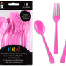 Link Product - Ustensiles en plastique Rose réutilisables – ensemble de 18 pièces (6 fourchettes, 6 couteaux, 6 cuillères) - Party Shop