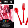 Link Product - Ustensiles en plastique Rouge réutilisables – ensemble de 18 pièces (6 fourchettes, 6 couteaux, 6 cuillères) - Party Shop