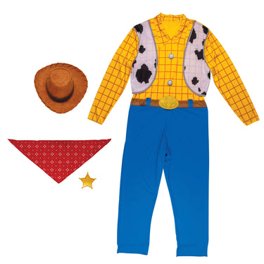 Adult wearing Woody classic Toy Story costume