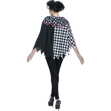 Adult black and white clown poncho costume with hood – perfect for Halloween or costume parties. Party Shop