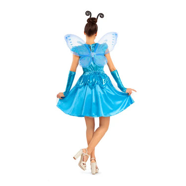 Adult blue fairy costume with dress, wings, headpiece and bracelets. Perfect for Halloween, cosplay, carnival or fantasy themed party. - MOM - Party Shop
