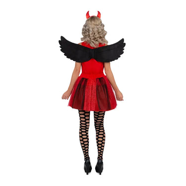 Adult she-devil costume with red dress, wings, and horn headband – seductive Halloween outfit for women. Perfect for parties, cosplay, carnival and festivals. -MOM - Party Shop