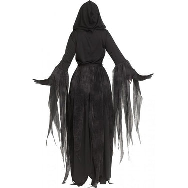 Adult Bloody Bling Ghost Face® costume with hooded gown, belt, gloves, and rhinestone mask. Perfect for Halloween, horror parties, or Scream cosplay. - FunWorld - Party shop