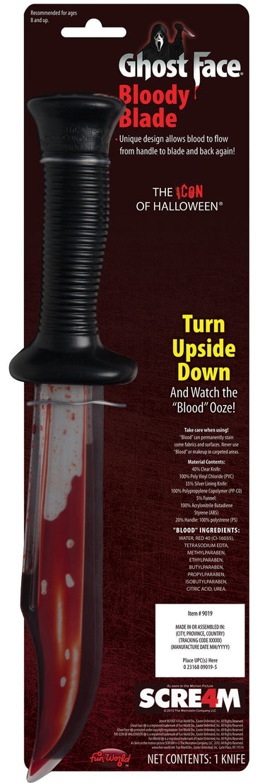 Bloody Ghost Face® knife Halloween prop with fake blood inside – realistic Scream costume accessory for horror cosplay and slasher outfits. - FunWorld - Party Shop