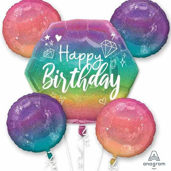 Bouquet De 5 Ballons Mylar - Happy Birthday Chrome Party Shop