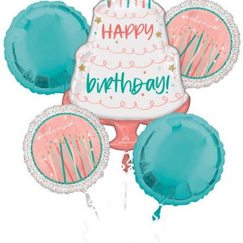 Bouquet De 5 Ballons Mylar - Happy Birthday Rose Menthe Party Shop