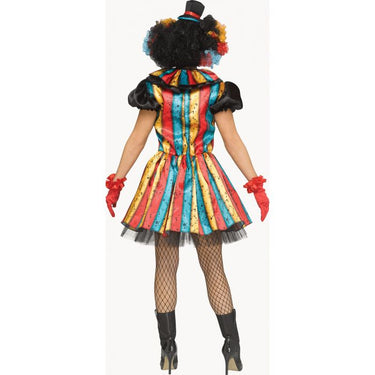 Carny Clown costume for adult women – colorful circus dress with ruffle collar, gloves, and mini hat headband with rosette – perfect for Halloween - FunWorld - Party shop