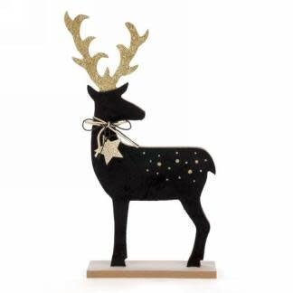 Cerf En Bois Et Velour (Noir Et Or) - Noël Party Shop