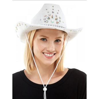 Chapeau Cowboy Blanc Avec Bijoux Party Shop