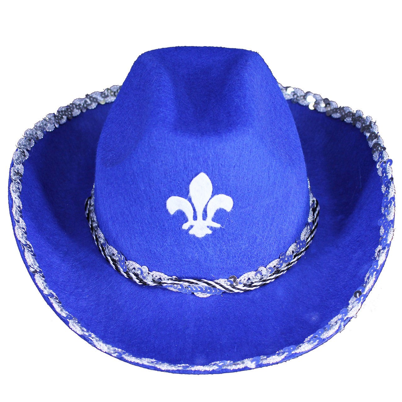 Chapeau cowboy bleu avec paillettes avec la fleur de Lys du Québec Party Shop