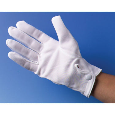 Deluxe white theatrical gloves with snap closure – perfect costume accessory for Santa, Halloween, or formal characters