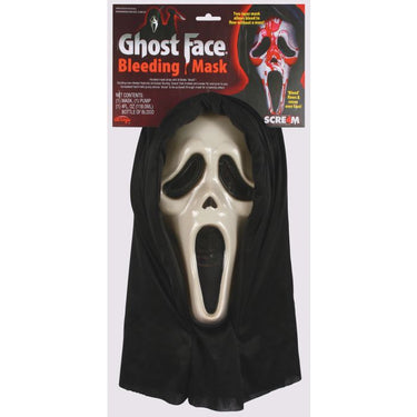 Dripping Bleeding Ghost Face Mask with shroud, tubing, blood pump, and no-drip design – Official Scream Halloween costume accessory. - FunWorld - Party Shop