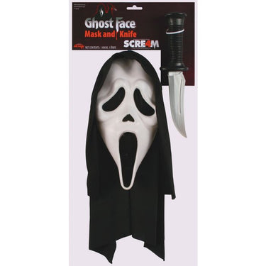 Ghost Face® mask with prop knife – official Scream Halloween accessory – PVC mask and safe plastic knife for horror cosplay, costumes, and themed parties. - FunWorld - Party Shop