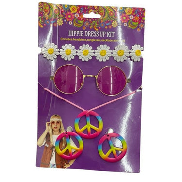 KBW Global - Hippie dress up kit with peace sign jewelry, daisy headband and round pink sunglasses – retro 60s/70s costume accessories for Halloween, festivals or parties – Party Shop