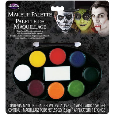 Horror makeup kit with 8-color palette, brush, and sponge. Perfect for Halloween, zombie, vampire, skeleton, or cosplay looks. Suitable for kids and adults. - Funworld - Party Shop