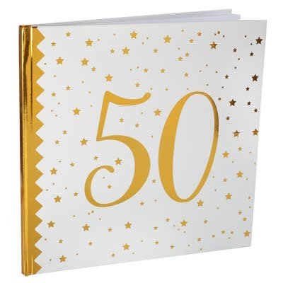 Livre D'or Anniversaire Métallisé 80 Ans - Couverture Blanche étoilée Or - 22 Pages 24x24cm - Pour Fête Chic