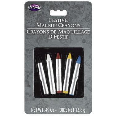 Makeup crayon assortment with 5 colors. Perfect for Halloween, cosplay, parties, and stage makeup. Easy to apply, bright colors for kids and adults. - Funworld - Party Shop