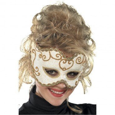Masque Vénitien Avec Passe - Blanc Et Or Party Shop