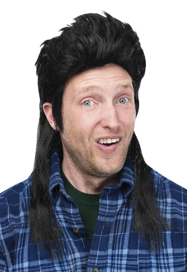 Men’s mullet wig in blonde, black, or brown – retro 80s costume accessory for Halloween or themed parties