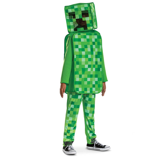 Minecraft Creeper kids classic costume – green pixelated jumpsuit with tunic and block head hat – official video game cosplay – perfect for Halloween or themed parties - Disguise - Party Shop