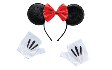 Minnie Mouse kids accessory set – white cartoon gloves and black headband with red polka-dot bow – official Disney – perfect for Halloween, cosplay, or themed party - Disguise - Party Shop
