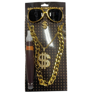 KBW Global - Pimp costume kit with gold chains, dollar sign medallion, ring, faux cigar and sunglasses – funny retro bling outfit for Halloween, parties or cosplay – Party Shop