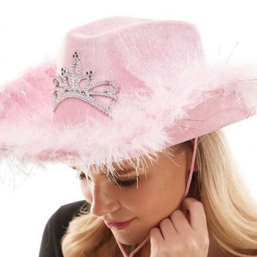 KBW Global - Pink light-up princess cowboy hat with tiara and feather trim – perfect for bachelorette parties, birthdays, concerts, Halloween and festive costumes – Party Shop