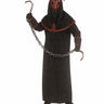 Ram Skull Demon adult costume with hooded mask, black robe, and gloves. Terrifying Halloween outfit for horror cosplay or haunted house events.- Funworld - Party Shop