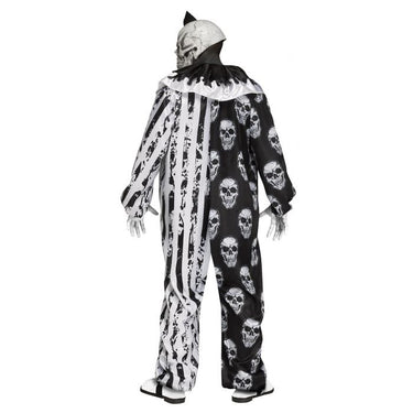 Skele-Clown adult costume with colorful skeleton jumpsuit, white puffy collar, and creepy clown mask with attached hat – perfect for Halloween or horror parties - Funword - Party Shop