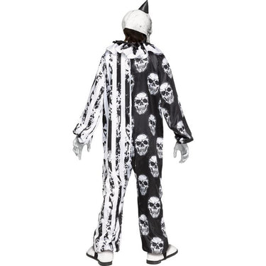 Skele-Klown child costume with printed skeleton jumpsuit, puffy white collar, and creepy clown mask with attached hat – perfect for Halloween or spooky parties - FunWorld - Party Shop