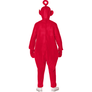 Adult wearing official Teletubbies Po costume – red jumpsuit with mittens and hood, perfect for Halloween or 90s themed parties - Inspirit- Party Shop