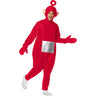 Adult wearing official Teletubbies Po costume – red jumpsuit with mittens and hood, perfect for Halloween or 90s themed parties - Inspirit- Party Shop