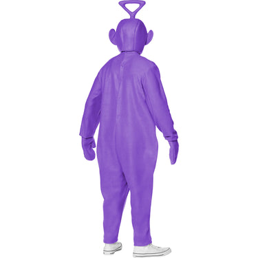 Adult wearing official Teletubbies Tinky Winky costume – purple jumpsuit with mittens and hood, perfect for Halloween or 90s themed events - Inspirit - Party Shop
