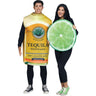 Tequila and Lime adult couple costume with printed tequila bottle and lime slice tunics – lightweight and funny party outfit for Halloween or themed events - FunWorld - Party Shop