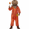 Trick 'r Treat Sam adult costume with distressed orange jumpsuit and stitched burlap mask – official horror movie outfit for Halloween - Inspirit- Party Shop