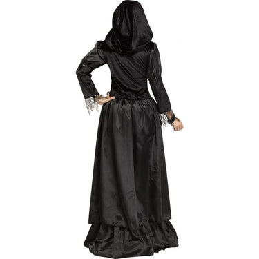 Wicked Queen costume for adult women – hooded black gown with coffin drape skirt and hoop – perfect for gothic Halloween or dark fantasy cosplay - FunWorld - Party Shop