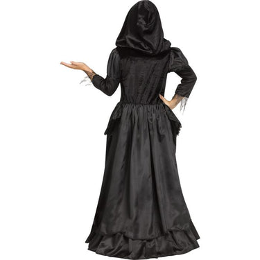 Wicked Queen costume for girls – black hooded gown with coffin drape skirt and hoop – perfect for gothic Halloween or dark fairytale look - FunWorld - Party Shop