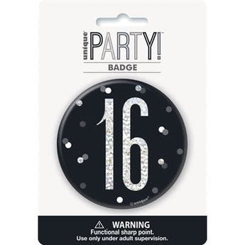 Badge D'Anniversaire Noir Et Argent - 16 Ans Party Shop