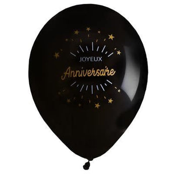 Ballons Latex 9Po Joyeux Anniversaire Noir Et Or(8) Party Shop